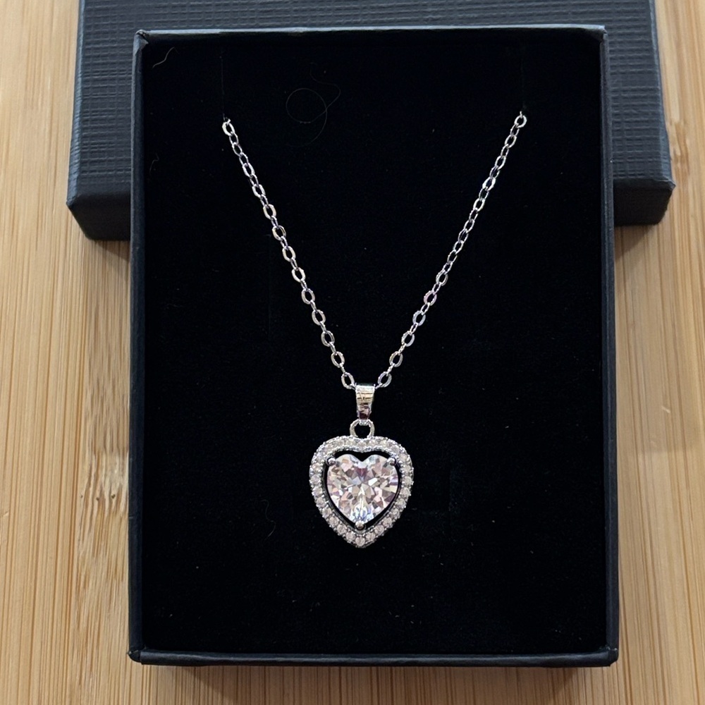 Lab-Created Diamond Heart Necklace Halo Pendant Silver Tone Chain Floating